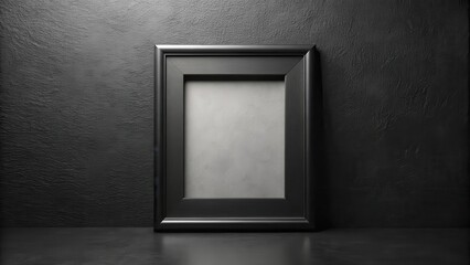 A black picture frame sits on a black wall background, with a subtle texture giving it a sense of depth and dimensionality , black wall, black picture frame