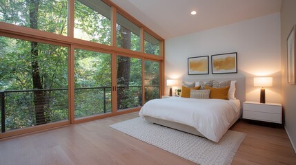 Obraz premium Modern Bedroom with Forest View. Interior Design Inspiration. Possible Use Stock Photo for Interior Design Magazines or Websites