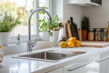 Modern kitchen sink with bright light.