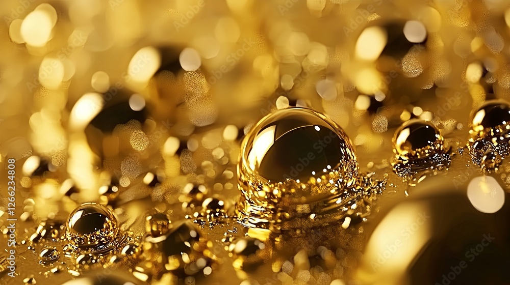 Poster close-up view of gleaming golden bubbles on textured surface