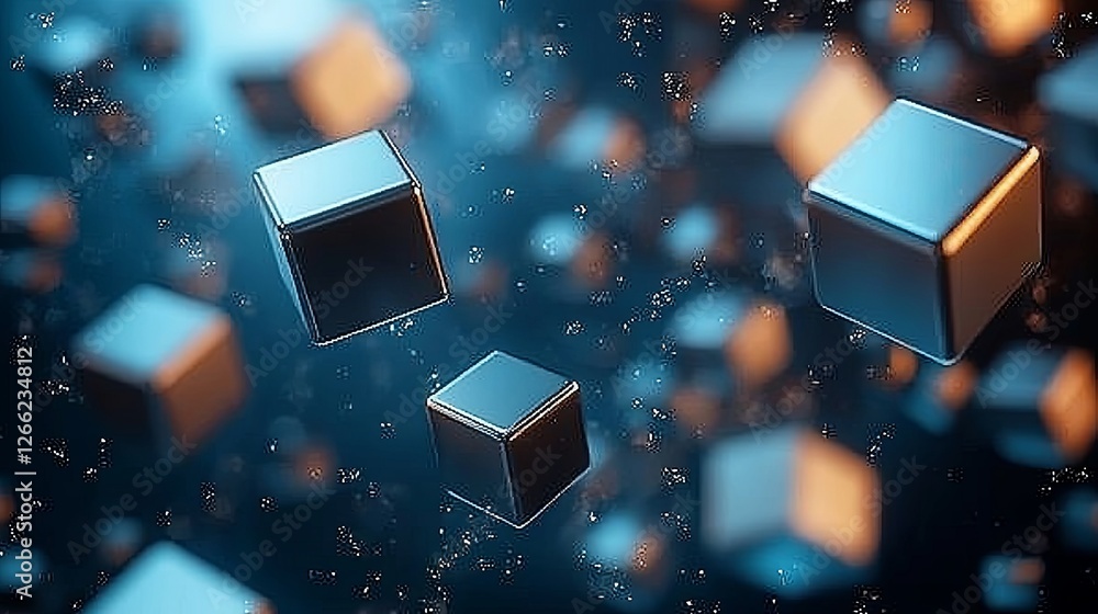 Poster floating 3d cubes on abstract dark background with light effects