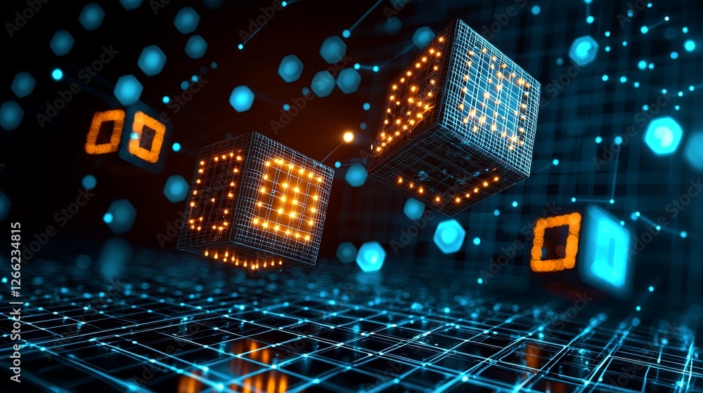 Poster digital data visualization with floating cubes and blue background