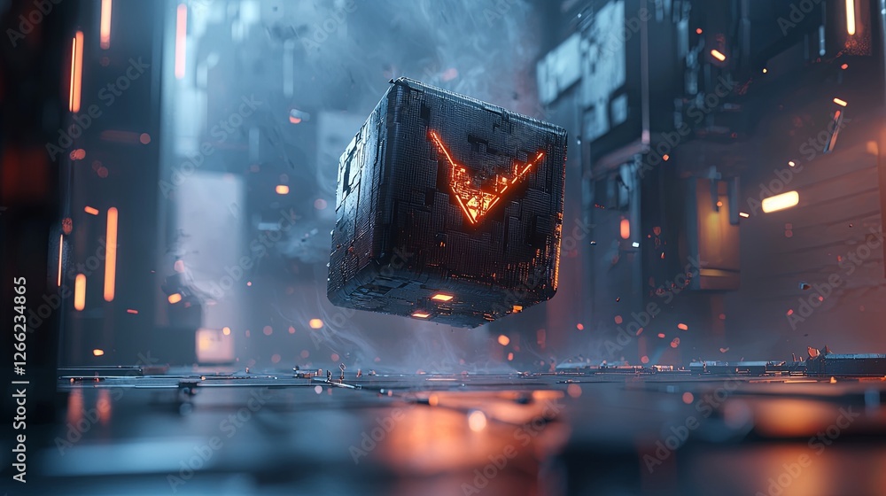 Aufkleber futuristic floating cube with glowing emblem in digital environment