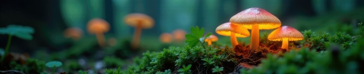 Soft luminescent caps of mushrooms light the forest floor, forest, ferns