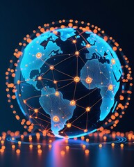 A glowing digital representation of Earth, interconnected with a network of bright orange and blue nodes and lines, symbolizing global communication, technology, and data exchange in a futuristic and 