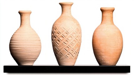 Modern Home Decor  Three Clay Vases on Black Shelf