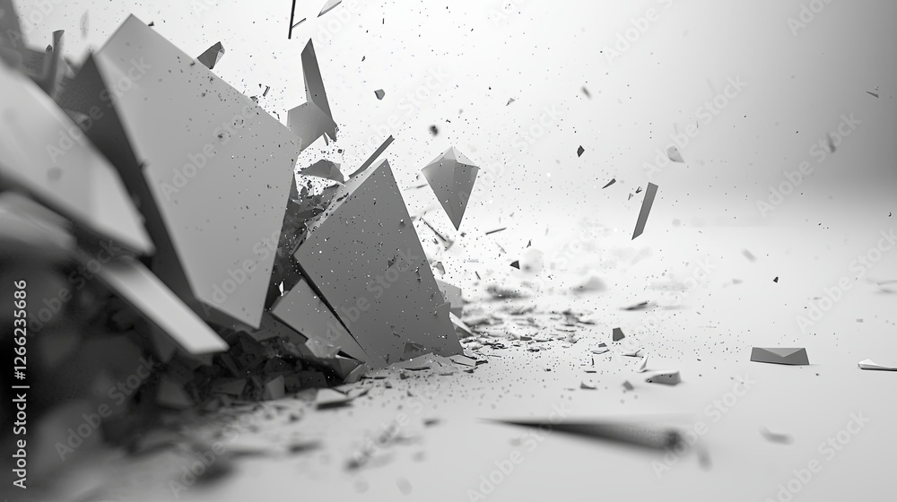 Poster abstract explosion of shattered white blocks with dust clouds