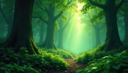 Soft luminescent glow permeates the ancient forest, forest, green