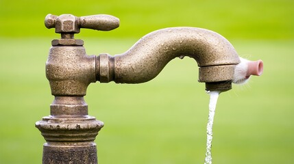 Old faucet, water flowing, park, green background