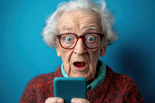 Surprised Elderly Man with Glasses Using Smartphone Against Blue Background