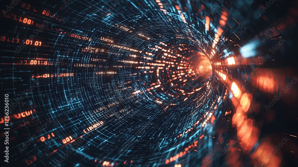Poster abstract data stream in a futuristic digital tunnel effect