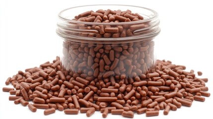 Chocolate sprinkles in glass jar, isolated on white background