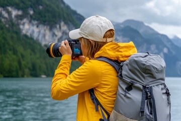 Obraz premium Woman Photographer Captures Mountain Lake View