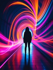 A silhouette of a person standing in a futuristic tunnel illuminated with neon swirls of pink, purple, blue, and orange lights, creating a sci-fi and cyberpunk-inspired atmosphere.

