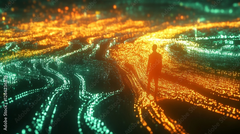 Poster futuristic visualization of big data flow, glowing digital streams connecting databases, ai-powered 