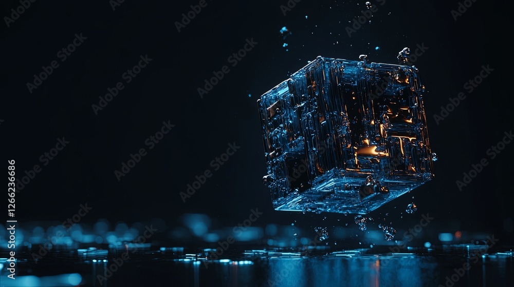 Poster abstract floating cube with water drops and neon glow effects