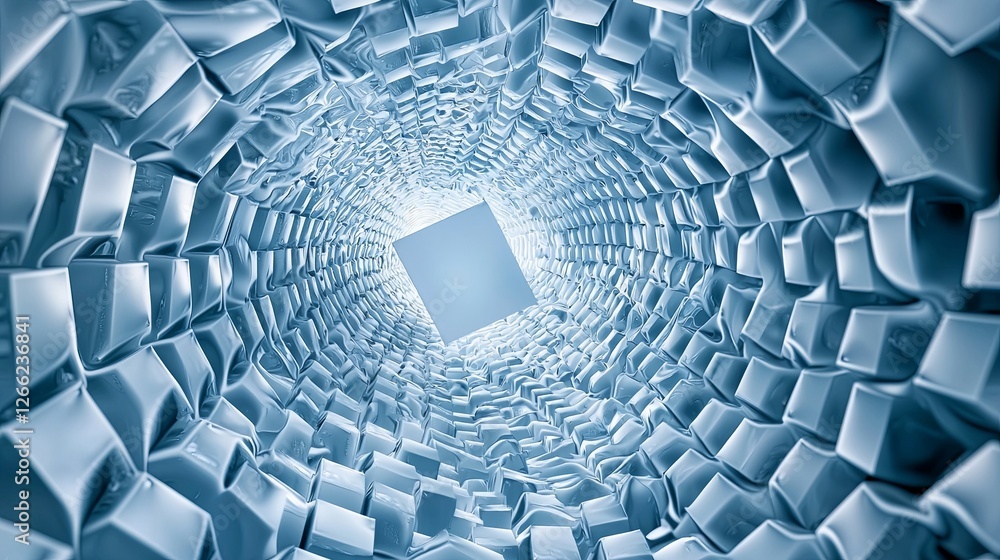 Poster abstract view of a futuristic blue tunnel with cube in center