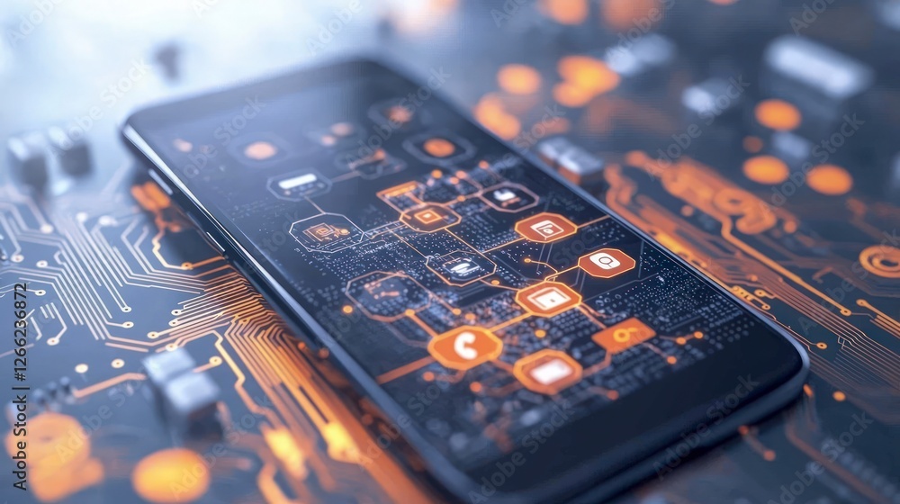 Poster smartphone on circuit board mobile tech digital icons connectivity data security inno