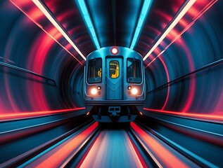 A high-speed futuristic subway train moving through a neon-lit tunnel with vibrant blue and red lights, symbolizing modern transportation, urban mobility, and technological innovation.


