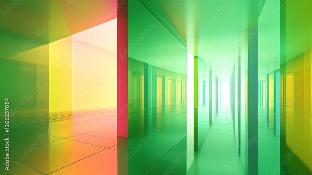 Poster glowing geometric shapes and neon reflections in a high-tech, futuristic corridor with deep perspect