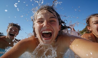 Children are enjoying a sunny day in a pool, laughing and splashing water around each other. Their carefree expressions reflect the joy of summer adventures and friendship