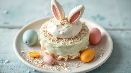 Delicious Easter Dessert with Bunny Ears and Colorful Eggs