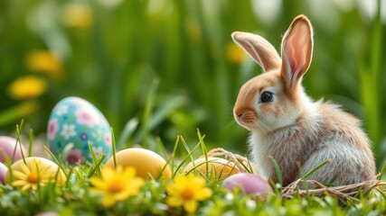 Fototapeta premium Cute Bunny Among Colorful Easter Eggs and Spring Flowers