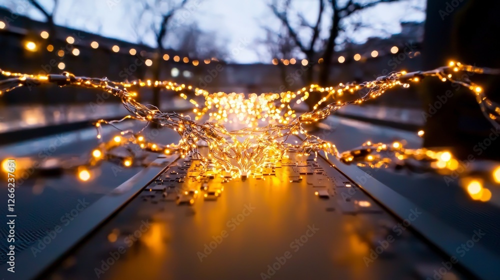 Poster glowing string lights on abstract circuit board tech background festive decor