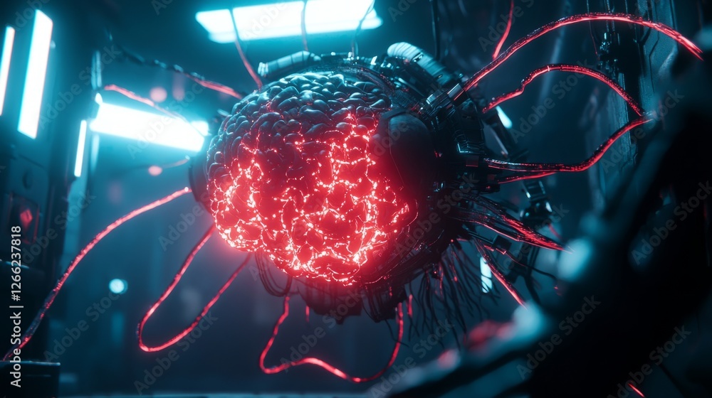Poster high-tech digital brain with pulsating neural connections, deep-learning pathways shining in neon hu