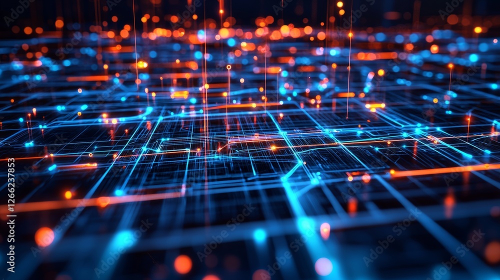Poster high-tech digital brain with pulsating neural connections, deep-learning pathways shining in neon hu
