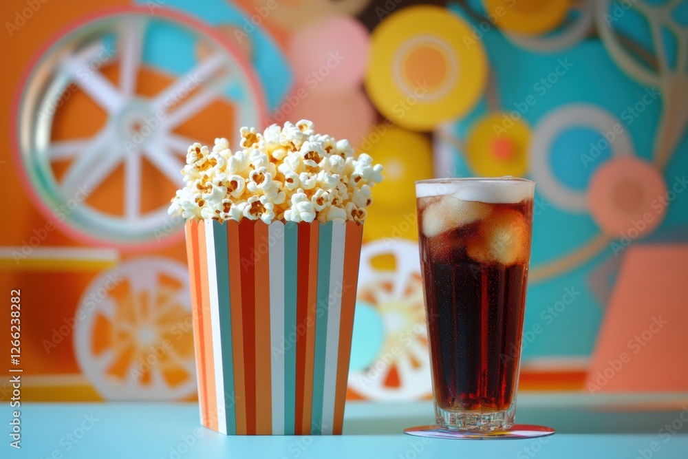 Poster Enjoying a refreshing drink with a large bucket of popcorn in a colorful setting. Generative AI