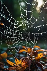 A close-up of a dew-covered spider web with autumn leaves in the foreground.