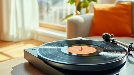 Fototapeta premium Vinyl Record Playing on Turntable in Sunlit Living Room