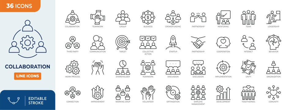 Collaboration icon set. Containing Team,, Togetherness, Communication, Crowdfunding, Cooperation, Social, and more. Outline Icon Collection. Vector illustration. Editable stroke