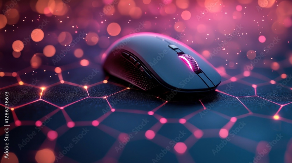 Poster illuminated gaming mouse on hexagonal network background