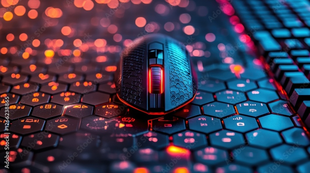 Poster illuminated gaming mouse rests on hexagonal keyboard
