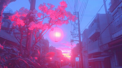 Obraz premium Pink lantern-lit alleyway at sunset, Japan