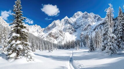 Snowy mountain valley, pristine winter landscape, tranquil scene, scenic hiking path, outdoor, great for travel and nature brochures