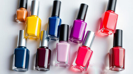 Obraz premium A selection of colorful nail polish bottles arranged on a white surface