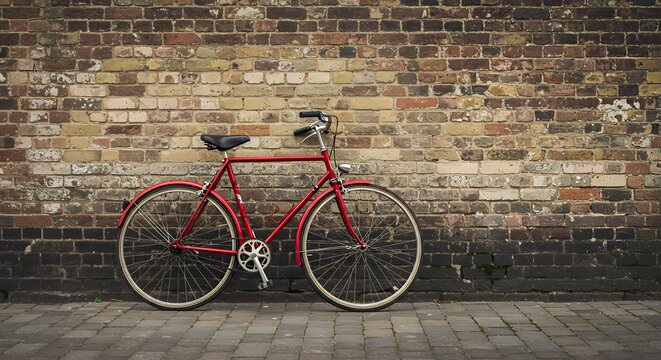 Vintage Red Bicycle Parked Against Rustic Brick Wall Urban Scene