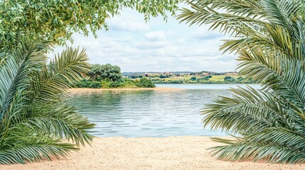 Fototapeta premium Serene View of Tranquil Water With Lush Greenery Framing a Picturesque Landscape Under a Soft Cloudy Sky