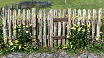 Rustic wooden fence gate with flowers in a meadow
