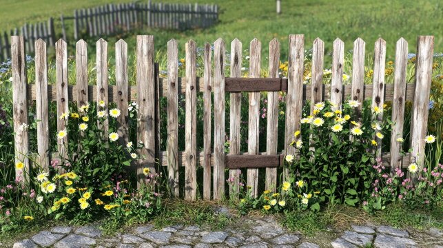 Rustic wooden fence gate with flowers in a meadow