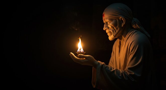 A serene statue of a sai baba holding a flame, set against a dark background, evoking peace