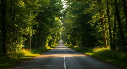 Obraz premium Driving on Road Through Lush Green Forest Canopy in Summer