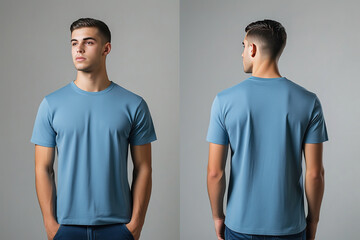 man wearing a blue t-shirt mockup front and back used as a design template