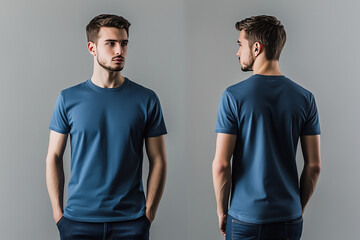 man wearing a blue t-shirt mockup front and back used as a design template