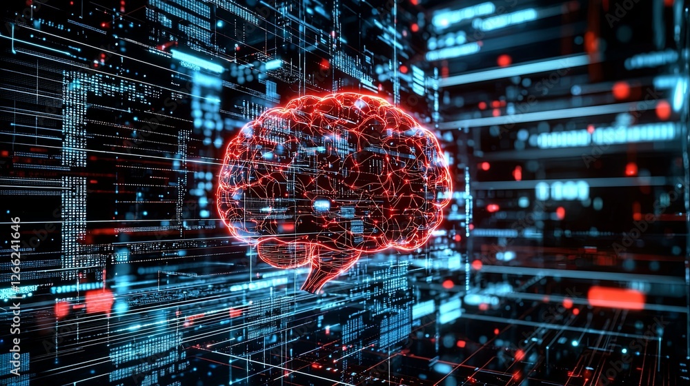 Poster neural network visualization with data flow and digital background