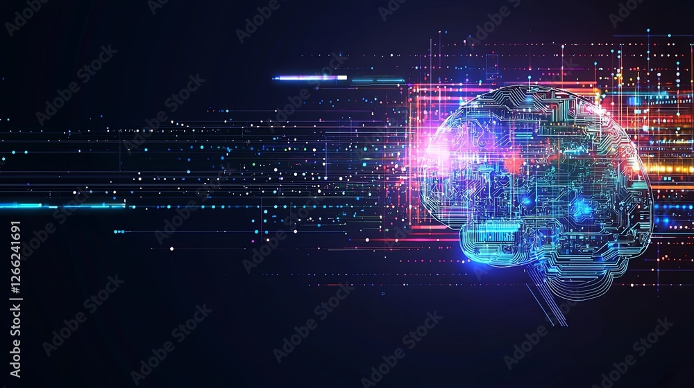 Poster futuristic digital brain with colorful data streams and lights