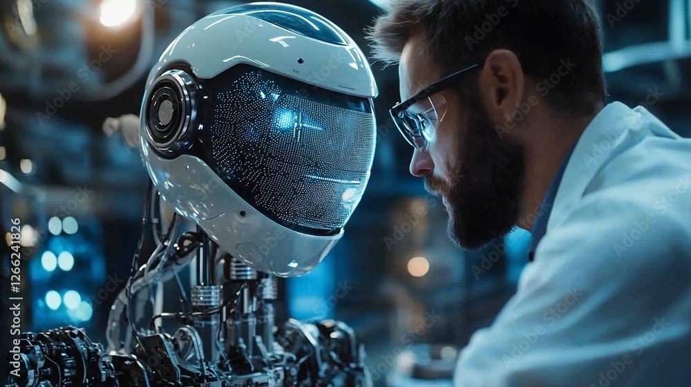 Poster scientist examines ai robot in lab; future tech